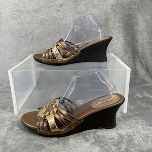 METRO CARMEN Wedge Sandals Women Size 10 Y2K Funky Artsy Retro Gold Woven Straps